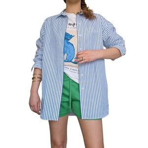 Uniqlo 90s Minimalist Baby Blue Stripe Oversized Fit Button Down Dress Shirt